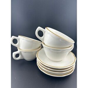 Buffalo China USA Restaurant Ware Cup and Saucer Set of 4 Brown Gold Rim